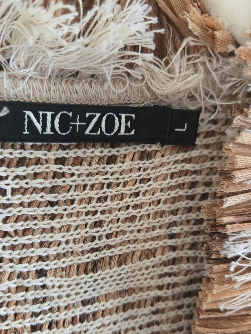 NIC+ZOE Tan Fringe Tweed Jacket Large Boho Textured Open Front Artisan Statement - Picture 5 of 9